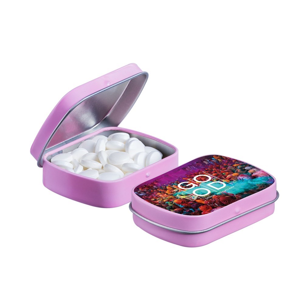 Mini scharnierblikje gevuld met snoep