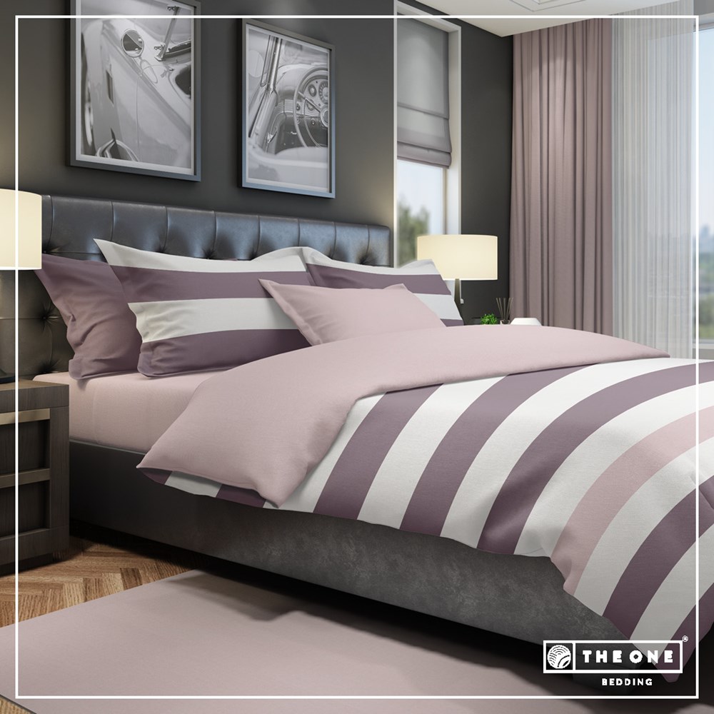 Bedset Stripe kingsize bedden - Pruim / Mauve