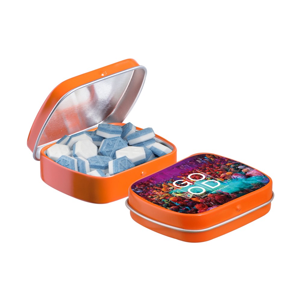 Mini scharnierblikje gevuld met snoep - oranje
